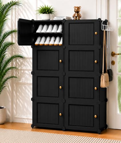 Image of EXVITO Portable Modular Plastic Shoe Cabinet with Doors, 16-Tier Stackable Shoe Rack Organizer, Dustproof Waterproof Shoe Storage Cabinet, Space Saving Entryway Shoe Shelf - Grey