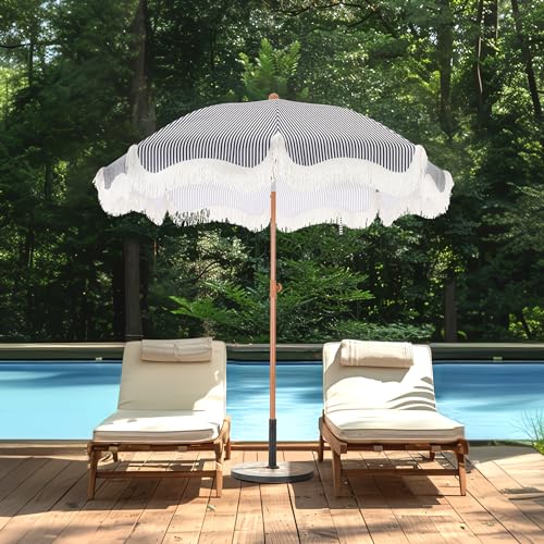 7ft Patio Beach Umbrella with Fringe, Outdoor Umbrella for Poolside, Stripe by MFSTUDIO - Used condition - Image 2
