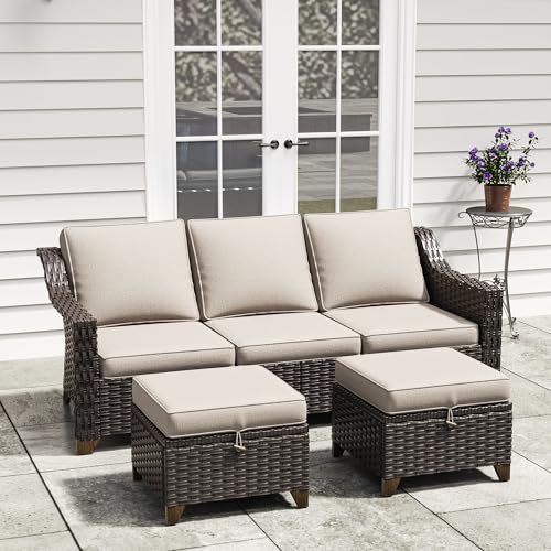Image of 3 Pieces Outdoor Conversation Furniture Set - 77 inch Patio Sofa, 2 Rattan Wicker Ottomans, Patio Wicker Couch Set with Water-Resistant and Washable Cushions for Sunroom, Deck, Porch (Beige) | Patio Chair Set with Olefin Removable Cushion, All-Weather Outdoor Couch with Deep Seat for Porch, Deck and Backyard, Beige