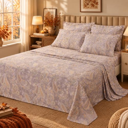 FADFAY Elegant Paisley Sheets Set King Shabby Floral Bedding Classical Gold Paisley Bed Sheet Set Breathable 100% Percale Cotton Ultra Soft Bed Sheets with Deep Pocket Fitted Sheet 4Pcs, King Size