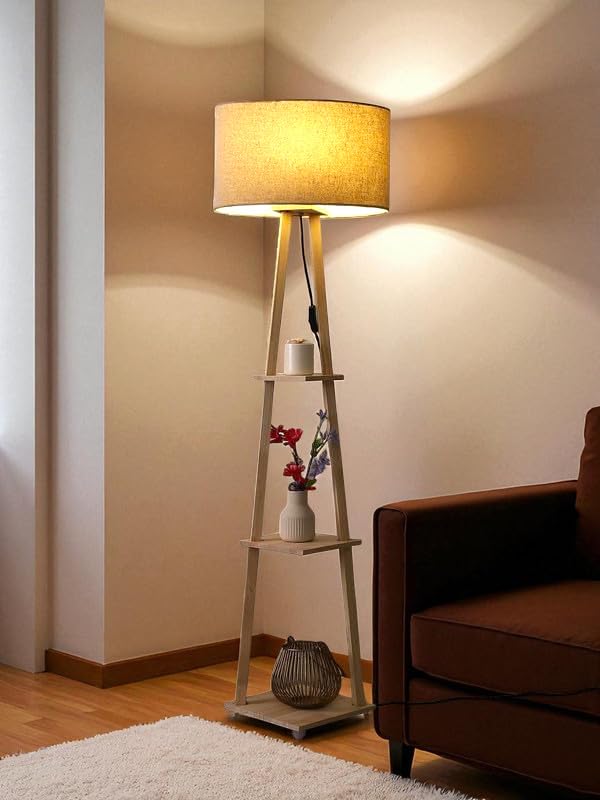 DEZIN KRAFT Square Wooden Shelf Floor lamp with Beige lampshade (Pack of 1)-image-33