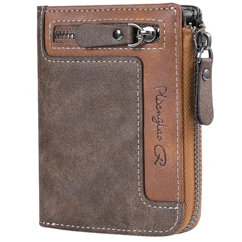 pidengbao Mens Bifold Wallet Zipper Short Wallet Vintage Two-Tone Patchwork Card Holder with Coin Pocket Multi-Function Brown (Dark brown)
