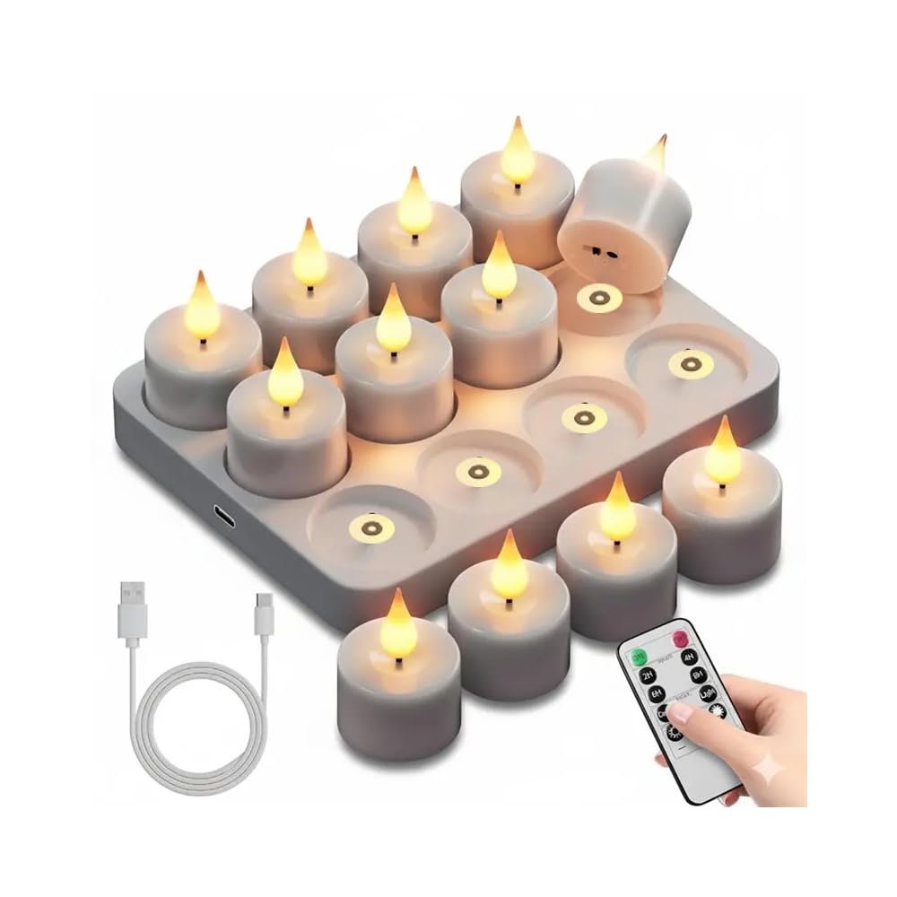 Enegg Tea Light Candles with Timers Flickering, 12pcs Rechargable Tealight Flameless Votive Realistic Candles for Home Holiday Halloween Wedding Xmas Table Centerpieces Romantic Decor