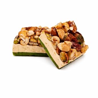 OMNIYA Delicacy Nougat Nuts with Pistachio & Cream 1LB Gourmet Middle Eastern Nougat with Almond, Cashew, Hazelnut & Egg White Chewy Lebanese Candy with Floral Vanilla Notes