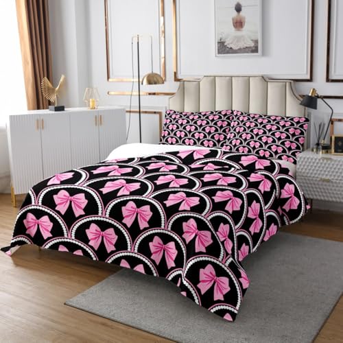 jejeloiu Cute Bowknot Bedspread for Girls Boys Kids King Size Coquette Bows Coverlet Set Room Decor Watercolor Bow Quilted Coverlet Dreamy Princess Style 3Pcs Black Pink Soft Microfiber