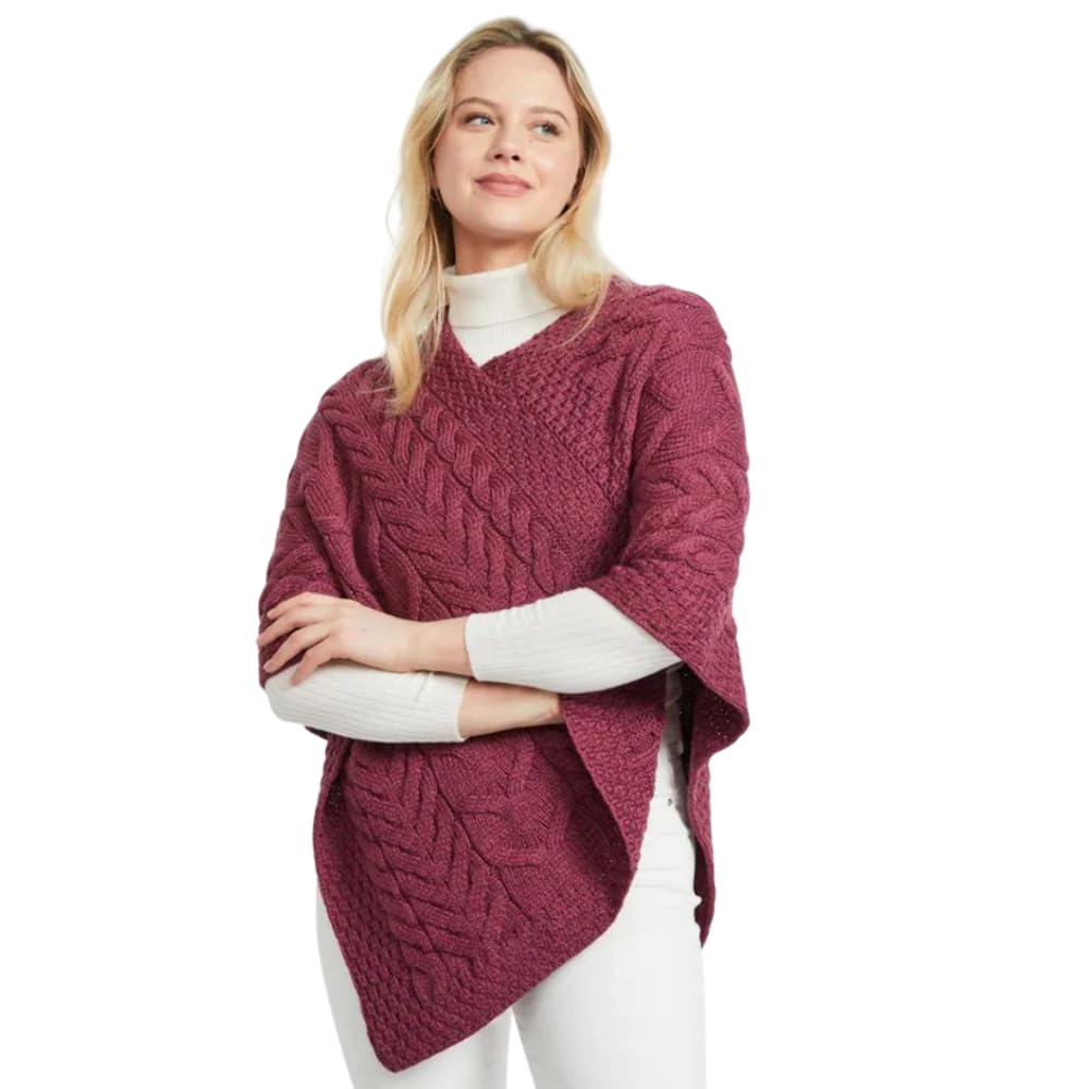 Super Soft Merino Wool Triangular Aran Cable Knitted Poncho, Raspberry Colour