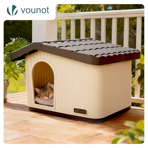 VOUNOT® Katzenhaus & Hundehütte Indoor Outdoor, Winterfest und Wetterfest, schräges Dach, mit Belüftung und rutschfesten Füßen, Haustierhaus für Katze, Hund und Kaninchen, 60 x 51 x 41 cm, Beige