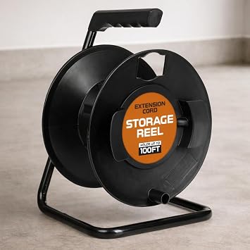 IRON FORGE CABLE Extension Cord Storage Reel with Metal Stand, Black - Portable Cable Reel That Holds Up to 100 Ft of Extension Cords, Hose, or Rope