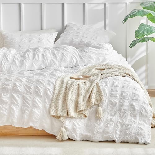 WARMDERN Seersucker Duvet Cover Set King Size, Grid Pattern Textured
