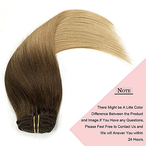 Loxxy Clip In Hair Extensions Double Weft Lace Clip In Remy Human Hair 16 Inches 7Pcs 120G Virgin Hair Natural Ombre Darker Brown To Light Golden Brown Balayage Brazilian Natural Human Hair Full Head #TOP4