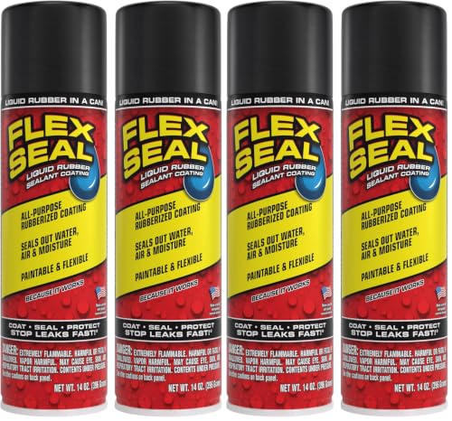 Image of Flex Seal MAX, 17 oz, 4-Pack, Black, Stop Leaks Instantly, Waterproof Rubber Spray On Sealant Coating, Perfect for Gutters, Wood, RV, Campers, Roof Repair, Skylights, Windows, and More