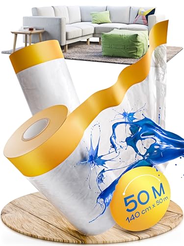 TOOLCORE® 2x Abdeckfolie mit Klebeband 140cm x 25m [Original Goldband] - Malerfolie mit Klebeband - Maler Abdeckfolie - Abdeckband mit Folie - Malerkrepp mit Folie