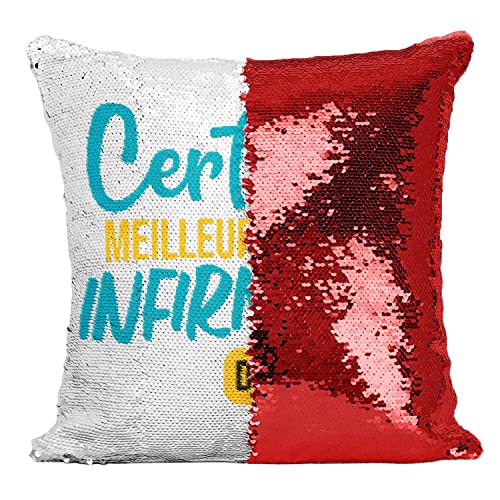 Coussin avec Housse Sequin Paillettes Rouge Message Infirmière Univers 40x40cm - 2