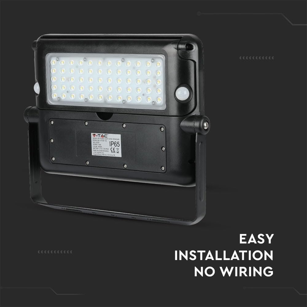 V-TAC VT-787-10 - Foco solar LED de 10 W con sensor delgado, color negro, 4000 K