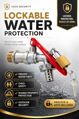 Image of BATH GURU 1 /2 Inch Mini Lock Nozzle Tap | Brass Lockable Garden & Outdoor Water Faucet with Lock System | Heavy-Duty Washing Machine & Hose Bib Tap | Brass Body Metal Red Handle Pack of 1