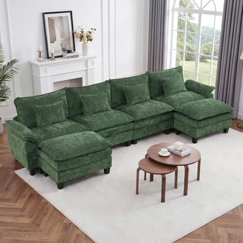 Image of IPKIG 151 inch Modular Cloud Couch with Storage, U Shaped Sectional Sofa with Ottoman & Pillow, Chenille Deep Seat Sectional Couches for Living Room, Apartment, Green