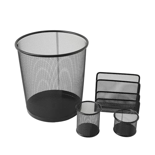 Image of The Better Home Set of 4 Desk Organisers | Pen Holder Clip Holder Dustbin File Holder | Metal Mesh Design | Multi-Purpose Office Supplies Organizer | Table Organizer for Office Desk
