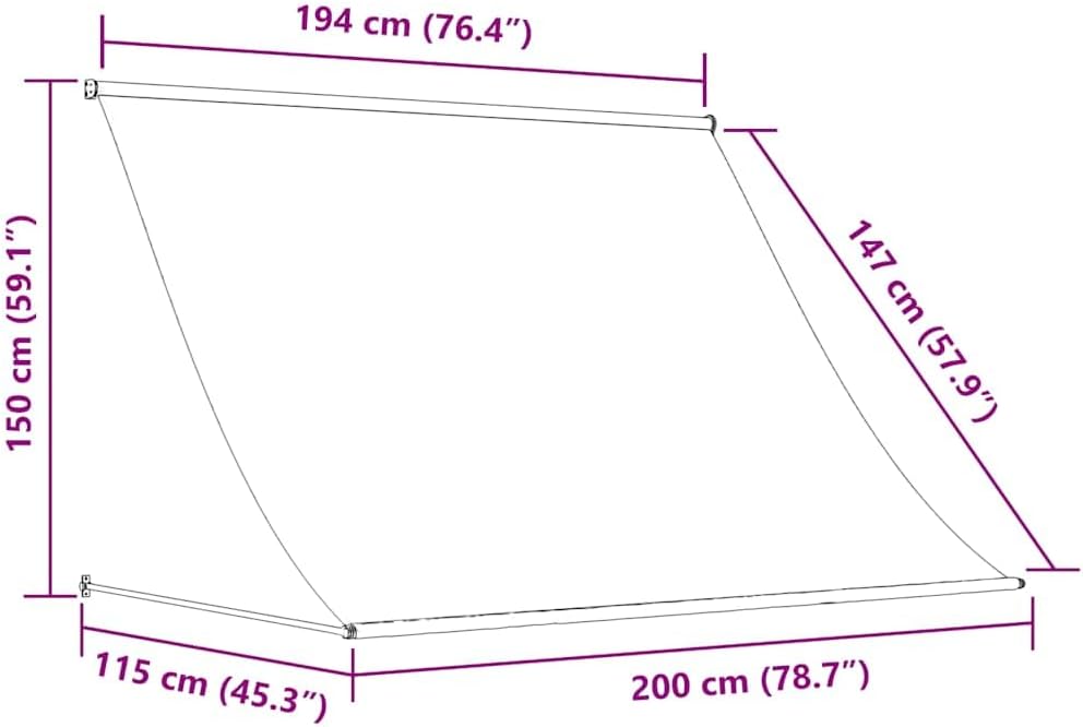 Diagram showing the dimensions of the vidaXL Retractable Awning: 194 cm (76.4 inches) width at the top, 150 cm (59.1 inches) height, 147 cm (57.9 inches) diagonal length, 115 cm (45.3 inches) depth, and 200 cm (78.7 inches) projection.