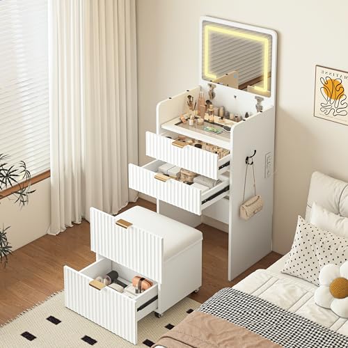 3 in 1 Mini Vanity Set with Flip Top Mirror Lights Drawers Power Outlets