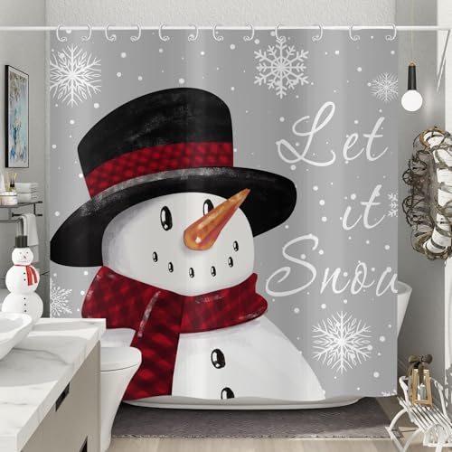 Hnmdmyi Duschvorhang Weihnachten 180x200, Winter Schneemann Schneeflocke Grau Duschvorhänge Frohe Weihnachten Urlaub Badewanne Vorhang Wasserdicht Polyester Stoff Waschbar Badevorhang mit Haken
