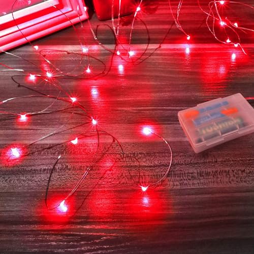 RUICHEN Cadena de luces LED de alambre de cobre de 16 pies con 50 luces LED, funciona con pilas, para dormitorio, Navidad, Día de la Madre, fiestas, bodas, centros de mesa, rojo, 1 paquete