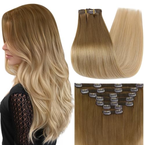 Image of Full Shine Human Hair Extensions Clip ins, Balayage Blonde, 22 Inch | Human Hair Clip in Extensions, Golden Brown Ombre, Remy Hair Extensions, for Fine Hair, for Dinner Outfit, 7 Pcs 120g
