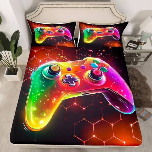 Drap-housse pour lit double imprimé avec taies d'oreiller motif manette - 2