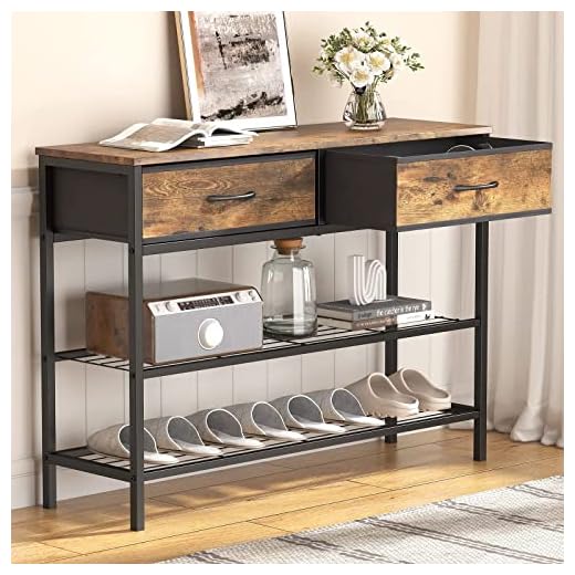 Lifewit 39.4” Console Entryway Table with 2 Fabric Drawers,3-Tier Industrial Sofa Table with Storage Shelves for Hallway, Living Room,Bedroom,Wood Top, Metal Frame, Rustic Brown, Easy Assembly