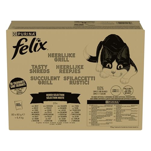 FELIX Tasty Shreds Katzenfutter nass in Sauce, Gemischte Vielfalt, 80er Pack (4x20x80g)