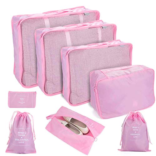 C100AE 8 Pcs Bolsas Organizador Maleta,8 Bolsas de Almacenamiento de Viaje Organizador de Equipaje de Viaje de Diferentes Tamañoscon Impermeable Bolsa de Almacenamiento de Zapatos (Rosa)