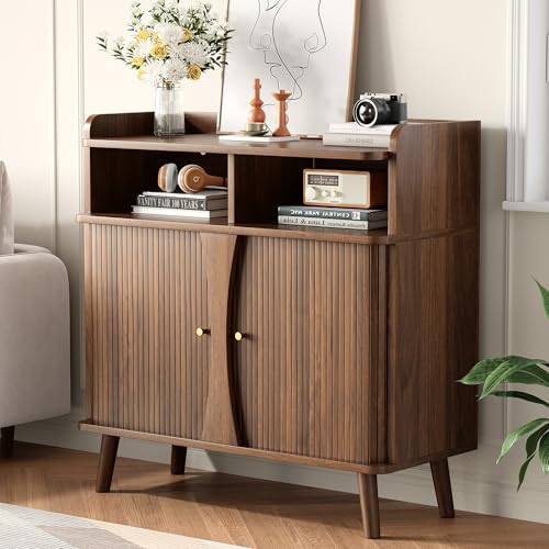 Decofy 39' Buffet Sideboard Cabinet, Mid Century Modern Console Cabinet with Roller Shutter Sliding Doors & Adjustable Shelves for Kitchen Cabinets, Living Room, Entryway, Coffee Bar Cabinet (Walnut)