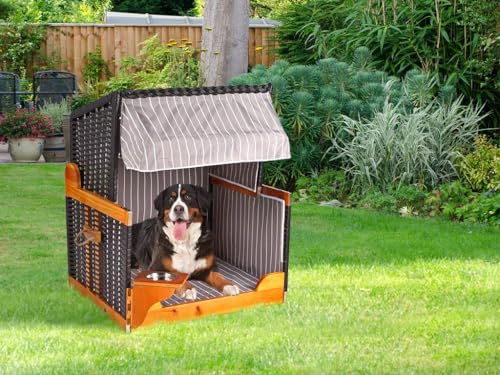 Woodtex Hundestrandkorb Kieferholz |Hundehütte anthrazit inkl. Schützhülle schwenkbarer Wasser-/Futternapf|Sonnenschutz Hunde und Katzen |Rattan Schwarz mit weißen Nadelstreifen