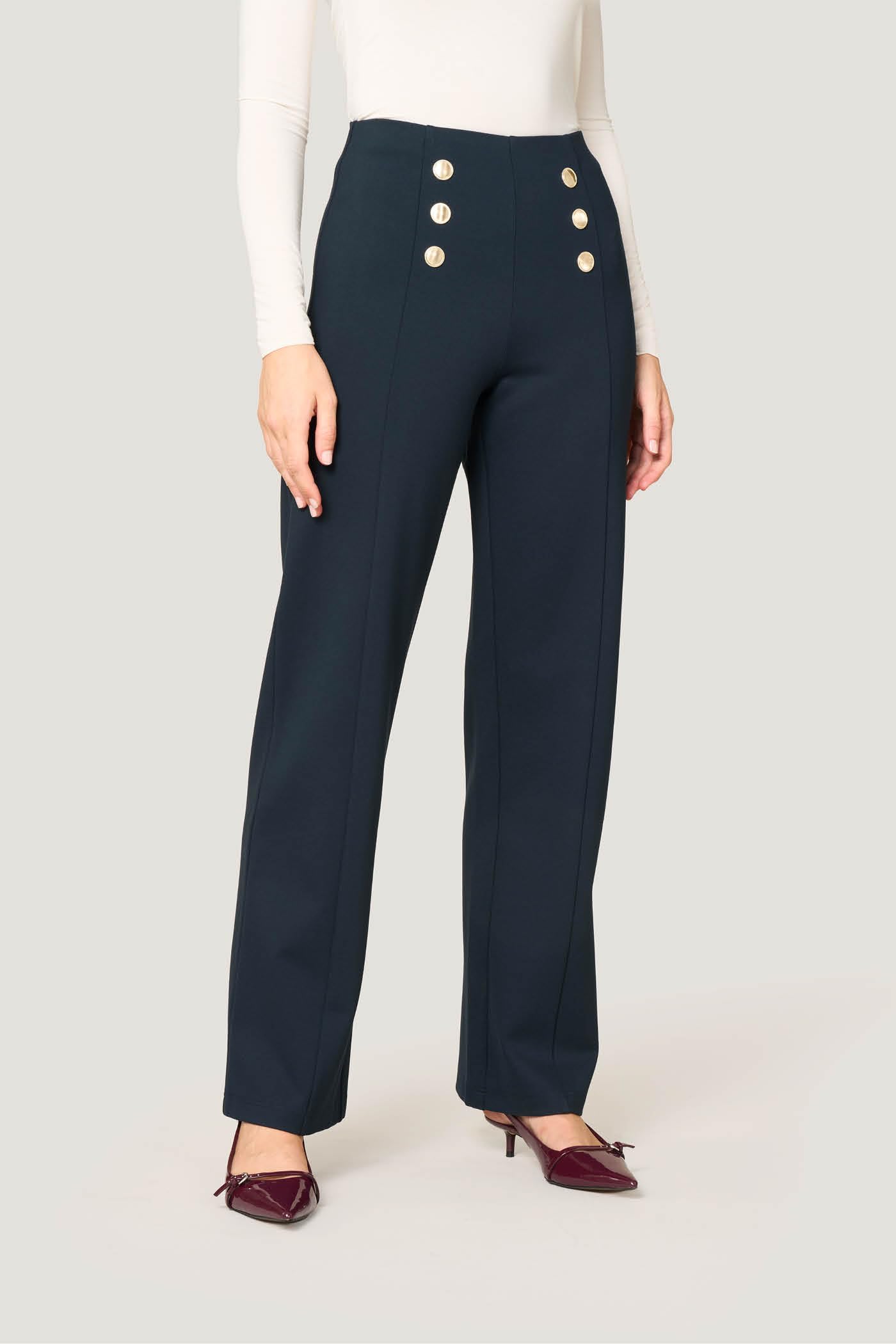 Goldenpoint Donna Pantaloni Wide Leg Leggermente Svasati al Fondo con Bottoni in Viscosa
