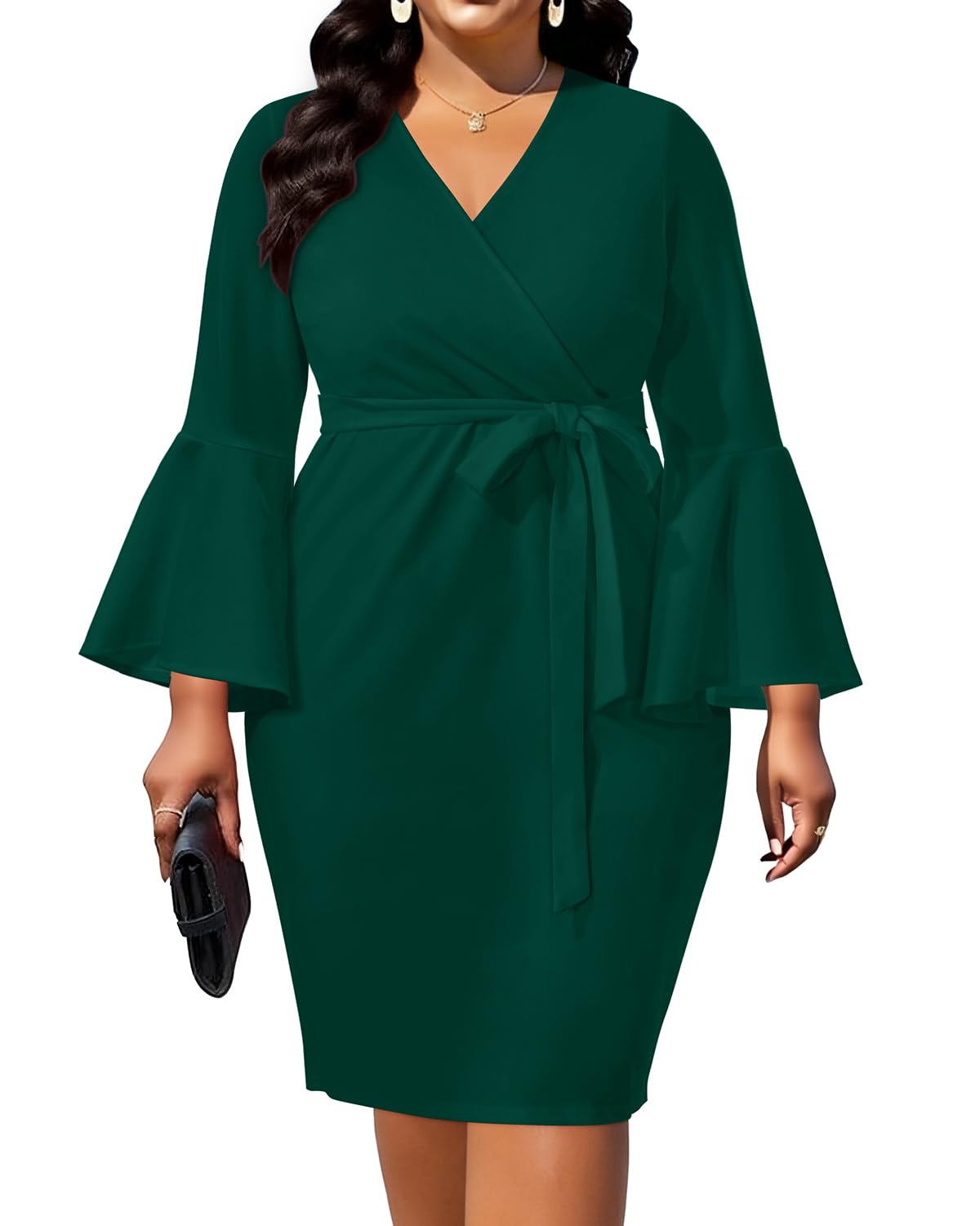 Plus Size Cocktail Dress - Church Bodycon Wedding Guest Bell Long Sleeve Pencil Dresses