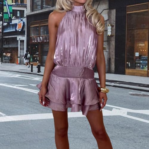 Image of Women's 2026 Summer Halter Dress Sleeveless Open Back Ruffle Tiered Layered Chiffon Pleated A Line Swing Mini Dress