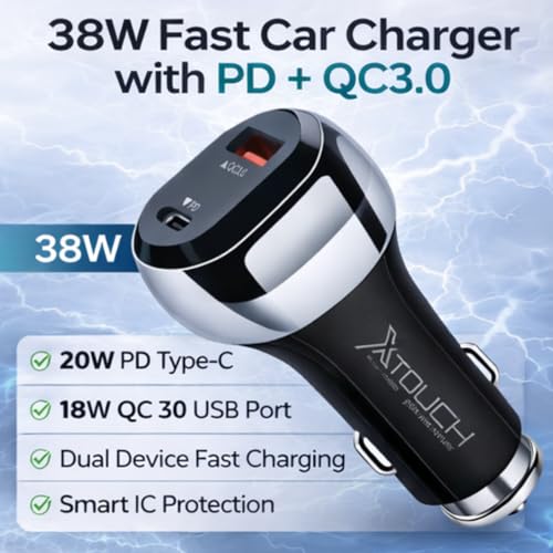 Image of XTOUCH 38W Fast Car Charger Adapter with Dual Output. Quick Charge, Type C PD 20W & Qualcomm Certified 3.0 18W with Type-A to C Cable (Black)