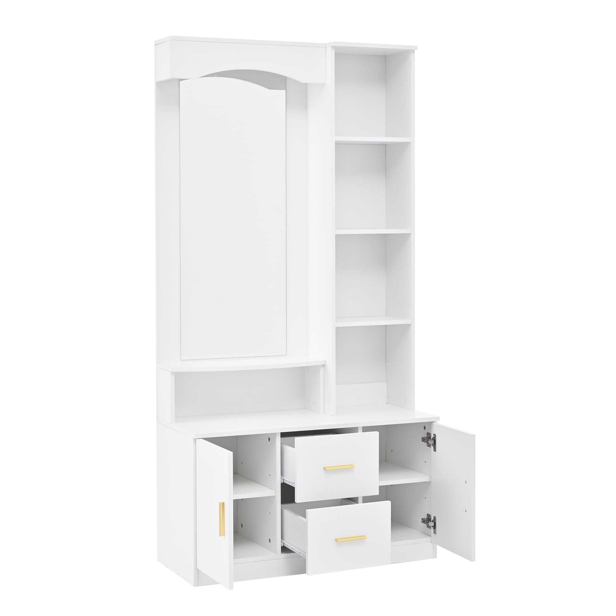 Armario de pasillo con espejo y zapatero, 90 x 40 x 180 cm, color blanco, MDF, 2 cajones, 2 armarios, estanterías, multifuncional