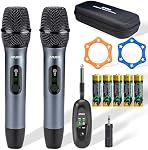 Wireless Microphone Set for Singing, Speeches & Karaoke, 2.4GHz Dual-Mic Receiver, 200ft, Storage Bag Included, Metal Cordless Mic 2 Pack for Karaoke Machines, PA Systems, PartyBox, Gray-Blue