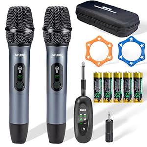 Wireless Microphone Set for Singing, Speeches & Events, 2.4GHz Dual-Mic Receiver, 200ft, Storage Bag Included, Metal Cordless Mic 2 Pack for Karaoke Machines, PA Systems, PartyBox, Gray-Blue