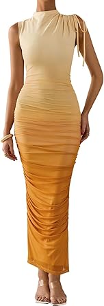 PRETTYGARDEN Women's Summer Maxi Floral Dresses Ruched Bodycon Sleeveless Mesh Formal Wedding Guest Cocktail Split Long Dress