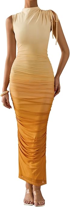 PRETTYGARDEN Women's Summer Maxi Floral Dresses Ruched Bodycon Sleeveless Mesh Formal Wedding Guest Cocktail Split Long Dress