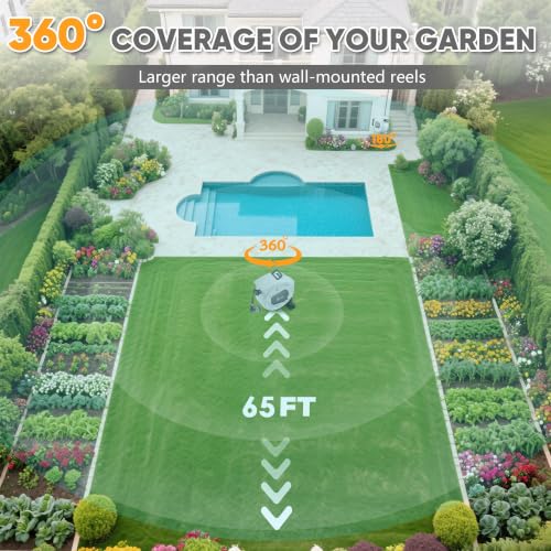Image of SILVEL Automatic Retractable Garden Hose Reel on Metal Spike, 5 /8 in x 65ft Ground Mounted Outside, UV Resistant with 10 Pattern Nozzle, 360 Swivel, No Holes in Your House, Easy Installation
