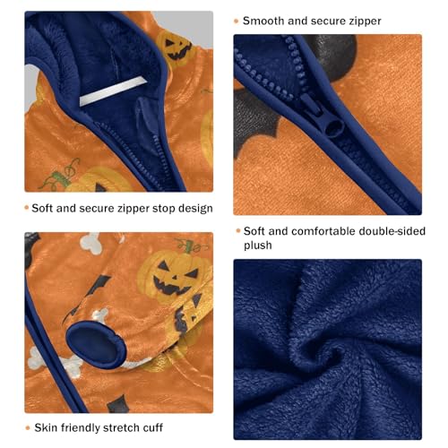 Halloween Pumpkins Bats Bones Toddler Fleece Jacket Girl Boys Hooded Fleece Jacket Coat Warm Outwear Zip-up 3-10T3