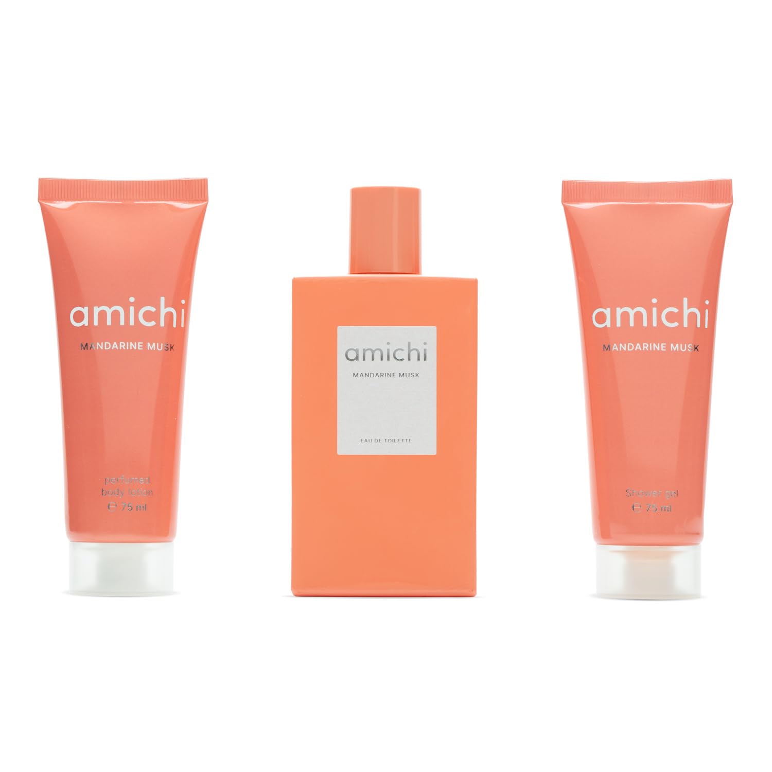 AMICHI - Mandarine Musk, Estuche de Regalo Mujer, Colonia 75 ml + Gel de Baño 75 ml + Loción Corporal 75 ml, Eau de Toilette Femenina, Fragancia Dulce y Cítrica, Aroma Extravagante de Larga Duración