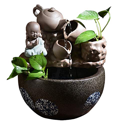 Tabletop Water Fountain Desktop Fountain Small Monk and Natural Tilting Teapot Desktop Decoration and Atomizing Humidifier Indoor Fountain Buddha Culture Indoor Fountains