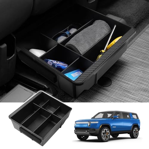 Karltys Under Seat Storage Box Organizer with Partitions for Rivian R1S R1T 2022-2025 Accessories, Hidden Storage Box with Silicone Anti-Slip Mat, ABS Underseat Storage Organizer