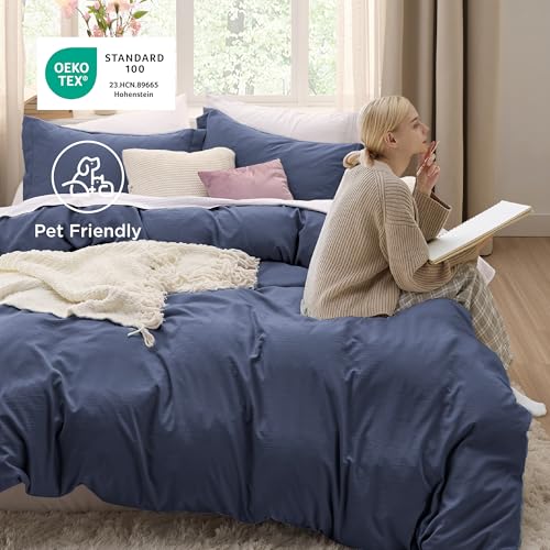 Image of Bedsure Navy Blue Duvet Covers Queen Size - Prewashed Cotton-Like Polyester Duvet Cover, Soft Queen Duvet Cover Set 3 Pieces with Zipper Closure, 1 Duvet Cover 90x90 inches and 2 Pillow Shams