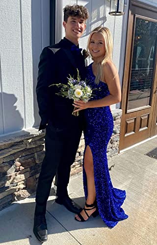 GUKARLEED Women's Long Prom Dresses One Shoulder Formal Dress Evening Gowns Mermaid Sequin Dress with Slit for Wedding Guest2