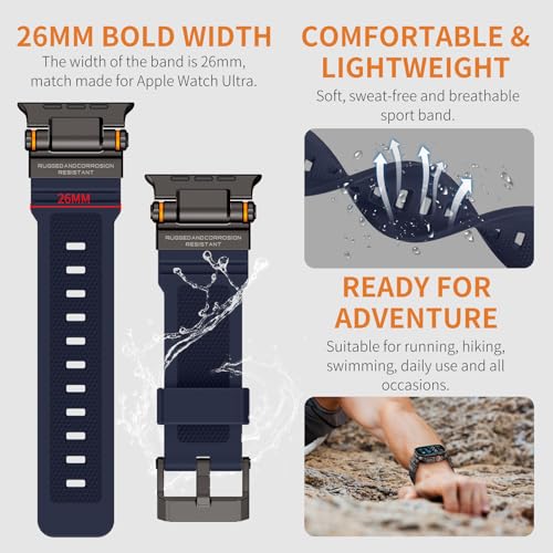 Image of FOAMUNOC Rugged Band Compatible with Apple Watch Ultra 3 /2 /1 Band 49mm /46mm /45mm /44mm /42mm, Metal Connector with Strap for iWatch Ultra Series 11 /10 /9 /8 /7 /6 /SE3 /SE2 /SE /5 /4 /3 /2 /1, Navy Blue /Black