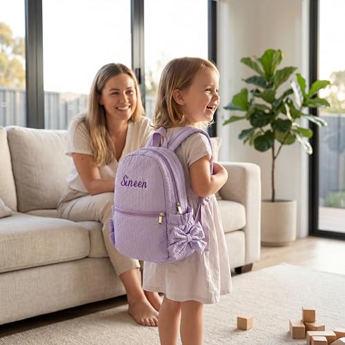 Image of Small Daycare Backpack Personalized Seersucker Backpack with Embroidered Name Cute Purple Backpacks with Bow Custom Embroidery Bags for weeekender Personalized Gifts (Purple Small Bowknot)